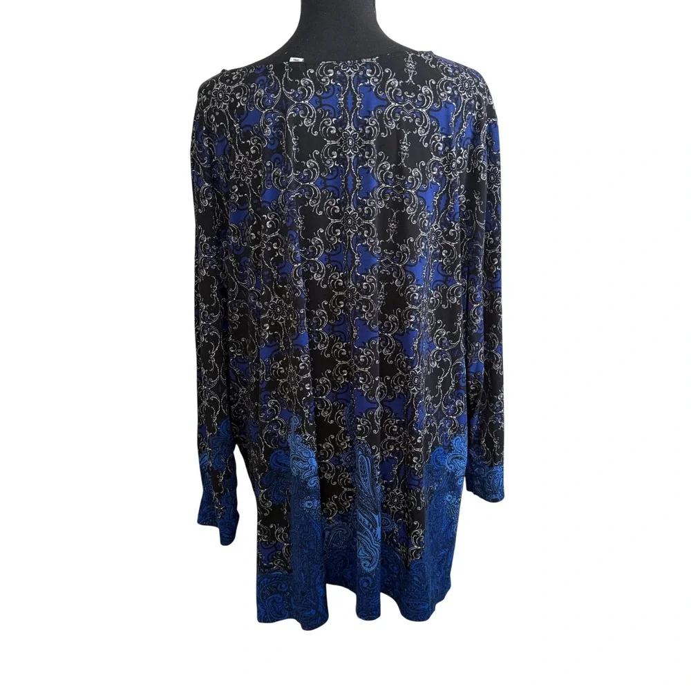 Susan Graver Blue Paisley Scroll Liquid Knit Tunic Top 3X Long Sleeve Office - Picture 2 of 6
